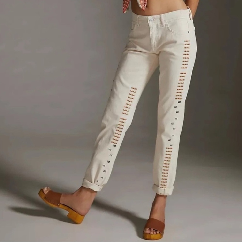 Anthropologie Pilcro Slim Straight Boyfriend Jeans Cream Embroidered Women 31
